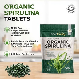 Organic Spirulina 500 Pure Tablets - 2000mg Serving, Cold-Pressed Rich in Vitamins & Minerals for Immunity & Energy by Inner Vitality