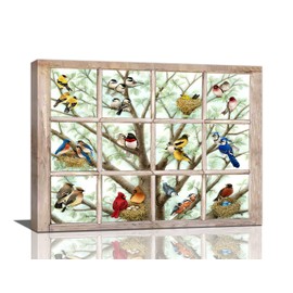 Rustic Birds Wall Art Farmhouse Hummingbirds on Branch Pictures Wall Decor Window View Colorful Birds Print Painting Artwork for Kitchen Bathroom Bedroom Living Room Ready to Hang 12"x16"