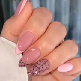 Almond False Nails Short, 24Pcs French Pink Glossy Press on Nails Acrylic Full Cover Fake Nails, Reusable Stick on Nails with Spider Web Designs for Women and Girls