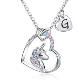 Hidepoo Unicorn Necklace Gifts - 14K White Gold Plated Cubic Zirconia Heart Pendant Unicorn Necklace Jewelry G Initial Heart Unicorn Jewelry Necklace Birthday Gifts Unicorn Gifts