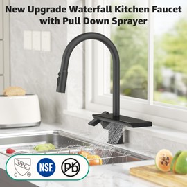 MBILLION Waterfall Kitchen Faucet with Pull Down Sprayer Matte Black,Stainless Steel,4-Mode,Single-Hole,18'' High-arc,Farmhouse RV Bar Sink Faucet,360 Rotation,Magnetic Docking Sprayer,Built-in Shelf