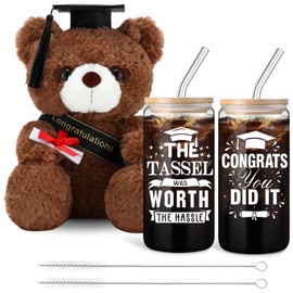 Yetene 2025 Graduation Gifts for Her Graduation Stuffed Bear and 16oz Glass Cups Class of 2025 Congrats Grad Gifts Basket Set College Senior High New Job Congratulations(White)