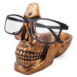 VIPbuy Skull Glasses Holder Stand with Storage Tray , Novelty Eyeglass Holder Rack for Nightstand, Resin Skull Head Sculpture Statue Home Office Desk Decor Gift (Golden)