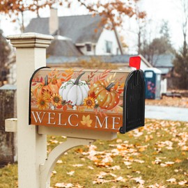 Welcome Fall Pumpkin Mailbox Covers Thanksgiving Autumn Harvest Maple Leaves Orange Mailbox Post Cover Letter Box for Garden Standard Size 21x18 in for Yard Home Decor