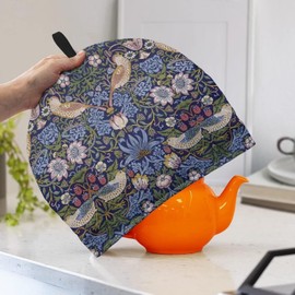 Drnuikhe Tea Cozy for Teapots with Handle, William Morris Pattern Strawberry Thief Dust Insulated Cover, Hanging Fold-Up Design, Suitable for Kitchen and Living Room Table Decoration