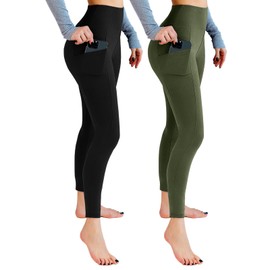 Leafigure 2 Packs Leggings with Pockets for Women, High Waisted Tummy Control Workout Leggings for Gym Black/Army Green LXL