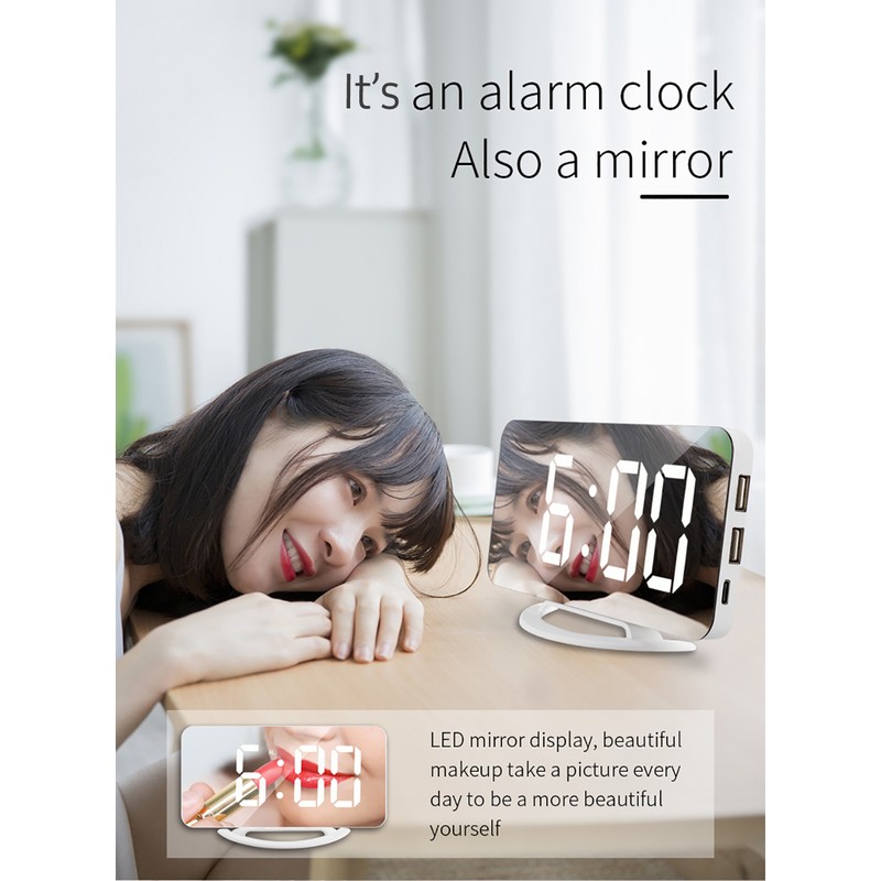 LED Mirror Clock Mini Digital Alarm Clock Table Clock with