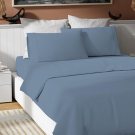 King Bluish Gray 100% Cotton Sheet Set, Lightweight & Breathable, 4Pc Cool & Crisp Percale Bedding Set with Deep Pocket (1 Flat Sheet, 1 Fitted Sheet, 2 Pillowcases)