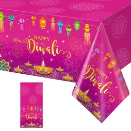 1 Pack Happy Diwali Disposable Tablecloth, Festival of Lights Plastic Table Cover for Rectangle Tables, Diwali Table Cloth for Indian Diwali Light Celebration Party Supplies Decorations, 54×108 Inch