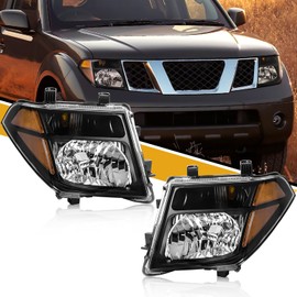 Headlight Assembly Compatible with Nissan 2005-2008 Frontier / 2005-2007 Pathfinder, Halogen Headlamp Replacements Pair Set for 26060EA525 26010EA525, w/o Bulb, Black Housing Yellow Corner
