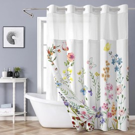 Shellspace No Hook 3 in 1 Shower Curtain with Snap in Liner, Colorful Flowers Shower Curtain Set with See Through Top Window, Machine Washable Waterproof Polyester Fabric Bath Curtain, 71 x 74 in