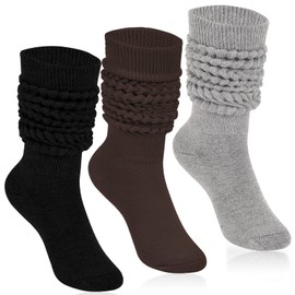 KEREDA Slouch Socks Women Knee High Scrunch Scrunchie Socks 3 Pairs Size 6-11 Black-Coffee-Grey