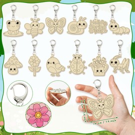 CNhoqc 24pcs Color Your Own Spring-Theme Keychains, Cute Flower Animals Wooden DIY Blank Keychain, Cartoon Butterfly Ladybug Hello Spring Uncolored Keychain for Kids Party Favor Supply