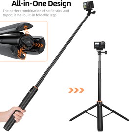 53.5"/136cm Selfie-Stick Tripod for Action Camera, Vkesen Extension-Pole with Tripod for GoPro Hero 13/12/11/10/9/8/7/Max, DJI Osmo Action 5 Pro/4/3, DJI Osmo Pocket 3 Camera(Accessories for Go Pro)