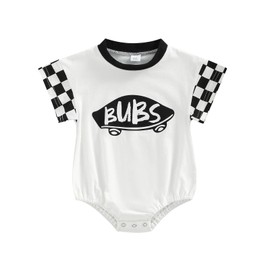 MoZiKQin Newborn Baby Boy Girl Summer Romper Clothing Checkerboard Short Sleeve Letter Printed Jumpsuits Cute Outfit (Checkered Bubs Print-Black, 3-6 Months)