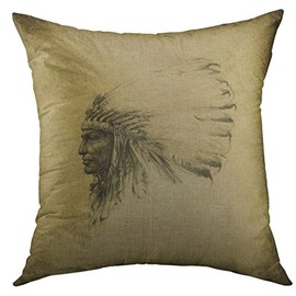 Mugod Decorative Throw Pillow Cover Black Native American Indian Chief Brown Vintage Feather Home Decor Pillow case 18x18 Inch