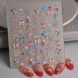 5D Embossed Bow Bouquet, Nail Stickers for Nail Art, 3 Sheets Self-Adhesive Nail Decals, Sweet Flower, 3D Stickers Nail Art, Stickers para Uñas (Garden Sweety 5D)