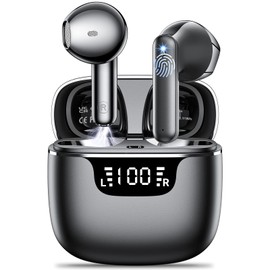 Wireless Earbuds Bluetooth 5.3 Headphones in Ear with 4 ENC Noise Cancelling Mics Ear buds HiFi Stereo Deep Bass Dual LED Display Bluetooth Earphones 42H Playtime Mini Case IP7 Waterproof USB-C Black