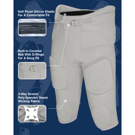 Exxact Sports Gladiator Mens Integrated Football Pants with Built-in Pads, Lightweight Ultra Flex Football Practice Pants (Silver, AM)