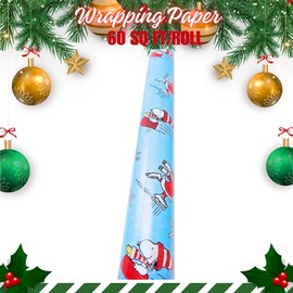 Ja'cor Blue Peanuts Christmas Wrapping Paper 1 Roll 60 Sq Ft, Gift Wrap for Birthday Holiday Thanksgiving Presents Party Supplies All Occasion Bundle with 1-Mini Wrapping Paper Cutter