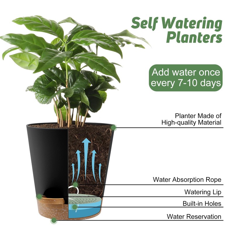 YNNICO 8-Inch Plant Pots, Self-Watering Planters with Drainage Holes &