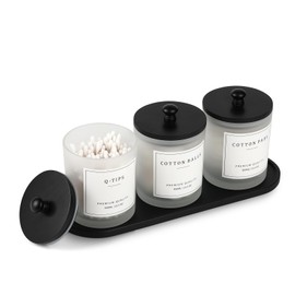 3 Pack Qtip Holder - Bathroom Organizers and Storage, Cotton Round Holder Cotton Swab Dispenser Cotton Ball Holder with Tray, Glass Apothecary Jars with Lids, Floss Pick Containers - ms black
