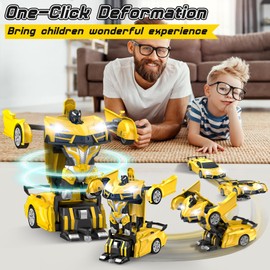 Qumcou Qumcou Remote Control CarTransform Robot RC Cars with Cool LED Headlights, 2.4Ghz Toys Car with 360 Degree Rotation and One-Button Deformation, Christmas Birthday Gifts for Boys Girls(Yellow)