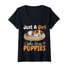 Womens Just A Girl Who Loves Puppies Pugs For Girls For Dog Lover V-Neck T-Shirt