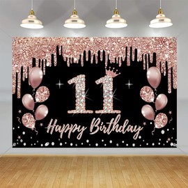 11th Birthday Decorations for Girls, Party Decoration Black and Rose Gold, 11th Birthday Fabric Sign Hanging Poster, 11th Birthday Backdrop Banner Party Welcome Sign
