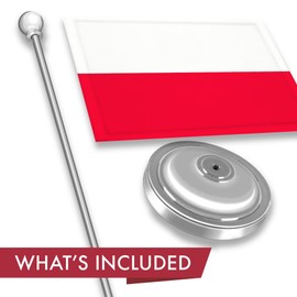 G128 Poland Polish Deluxe Desk Flag Set | 8.5x5.5 In | Printed 300D Polyester, with Silver Dome and Base, 15" Metal Pole, Decorations For Office, Home and Festival Events Celebration