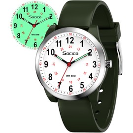 Nurse Watch for Women Men Students - Featuring Military Time Luminous Easy-Read Dial 12/24 Hour Display Second Hand and 50M Waterproof Watch with Silicone Band(Green)