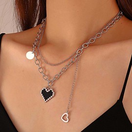 YienDoo Punk Layered Mosaic Heart Necklace Silver Cuban Chain Choker Heart Coin Pendant Necklace Rock Black Mosaic Statement Heart Choker Coin Necklace Charm Jewelry for Women and Girls