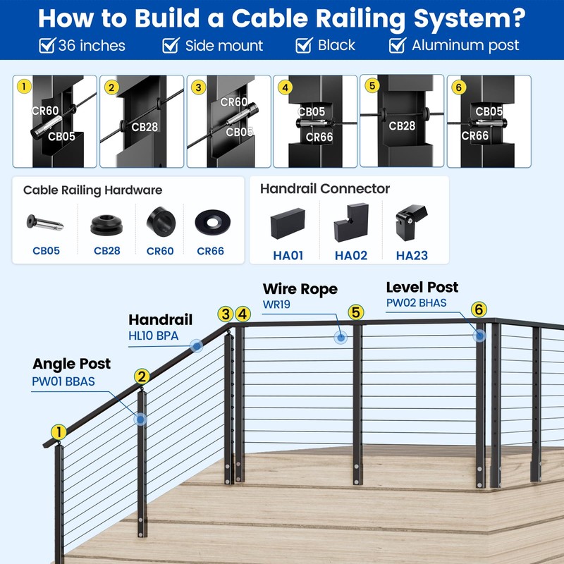Muzata Aluminum Black Side Mount Cable Railing Post 36 Inch