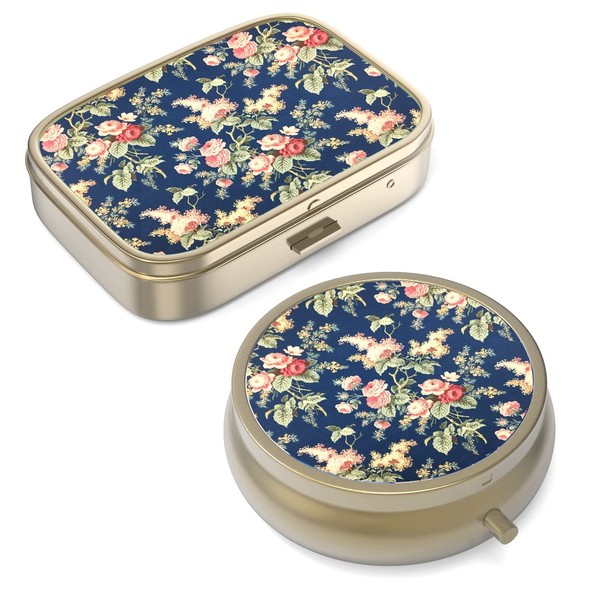 Pill Case Pill Box with Mirror Retro Small Pill Case for Purse or Pocket Bronze Pill Box or Vitamins, Fish Oil, Supplements, Pill Containe Travel Gifts（2PCS）