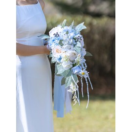 FEILUOYI Blue Seaside Wedding Bride Bouquet, Cascading Bride Bouquet, Waterfall Shape, Tossing Bouquet, Vintage Style, for Rustic Weddings, Church Weddings, Wedding Gifts
