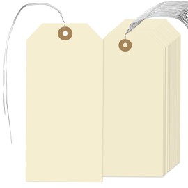 200 Pcs Manila Shipping Tags with Wire Attached, 4 3/4 x 2 3/8 inches Label Hang Tags with Reinforced Hole, Writable Price Tags Display Gift Tags for Product Jewelry Clothing