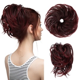 CJL HAIR Large Messy Bun Hair Piece Wavy Curly Scrunchies Synthetic Chignon Ponytail Hair Extensions Thick Updo Hairpieces for Women Dark Wine to Wine