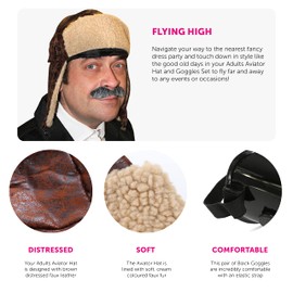 Adults Aviator Hat Set 1940s Grandpa Style Pilot Hat + Clear Lens Goggles Fancy Dress Accessory Set 40's Aviator Pilot Flying Hat Great Escape Costume Set