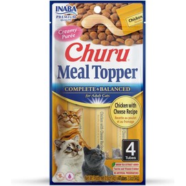 INABA Churu Meal Topper for Cats, Complete & Balanced, Creamy, Lickable Purée Cat Food Topper, 0.5 Ounce Tube, 4 Tubes (4 per Pack), Chicken with Cheese Recipe