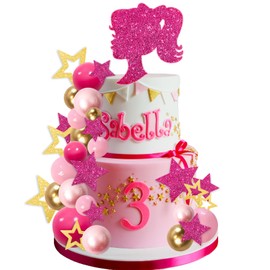 MEMOVAN - Decoración para tartas de niña de color rosa fuerte, 36 piezas, decoraciones para tartas con bolas de oro rosa fuerte, estrellas brillantes para niña bohemia, tema de princesa, boda, baby shower, suministros para fiestas de cumpleaños