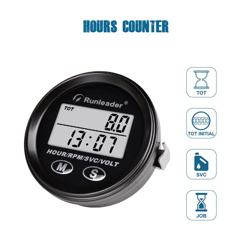 Runleader Digital Tach/Hour Meter,DC8V to 65V Volt Meter Gauge,Maintenance Track,Backlights