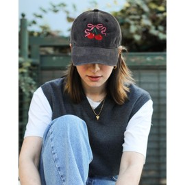 Women's Cherry Bow Embroidered Baseball Cap Casual Wash Cotton Dad Hat Vintage Distressed Sun Hat for Daily, Outdoor
