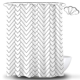 DeKeLaiFu Black and White Shower Curtain Cloth Fabric Geometric Chevron Design with Steel Hooks, Simple Modern Striped White Shower Curtains Bathroom Mould Proof Resistant Waterproof, 180x180 cm
