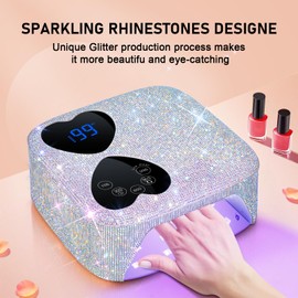 UV LED Nail Lamp Cordless, HUITINE 80W Rechargeable UV Light for Gel Nails, Professional Gel Light Dryer with 5 Timers & Mirror Base, Sparkling Rhinestones Diamond Curing Lamp for Salon & Home