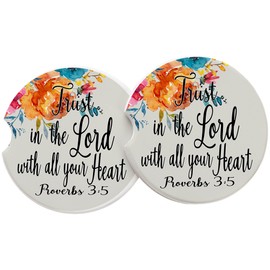 Proverbs 3:5-Trust In The Lord Christian Bible Verse Car Coaster-Black Quote with a Flower Bouquet & Cream Background- (SET OF 2) Sandstone Car Coasters-Absorbent Auto Car Coasters