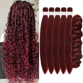 Burgundy Braiding Hair Pre Stretched Knotless Braiding Hair for Boho Braids Ocean Wave Boho Hair Extensions for Braiding (6 Packs)