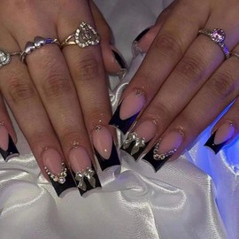 24Pcs Black French Press on Nails Long Coffin Fake Nails with Charm Bow Design,French Tip DIY Manicure Square False Nails Press ons Glitter Rhinestone Nails Kit for Women,Daily Wear Nail Decorations