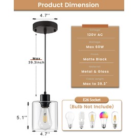 Capaaobc 1 Light Pendant Lights Kitchen Island, Modern Farmhouse Hanging Light Fixture, 39Inches Adjustable Black Ceiling Light for Dining Room, E26 Base, Clear Glass Shape