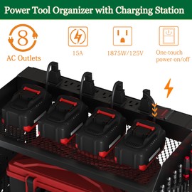 Power Tool Organizer Wall Mount with Charging Station, Garage 4 Drill Holders Wall Mount, 2 Screw Boxes, 1 Angle Grinde Holder, Drill Bit Heavy Duty Metal Rack, 8 Outlet Power Strip, 2 Hooks, Black