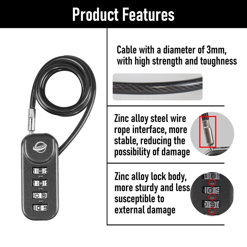 SISAV 4-Digit Combination Padlock with 24 inch(60cm) Cable Suitable for